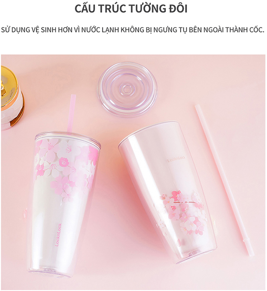 Ly Nhựa 2 Lớp LocknLock Double Wall Cold Cup Cherry Blossom 750ml HAP509WHT - Màu