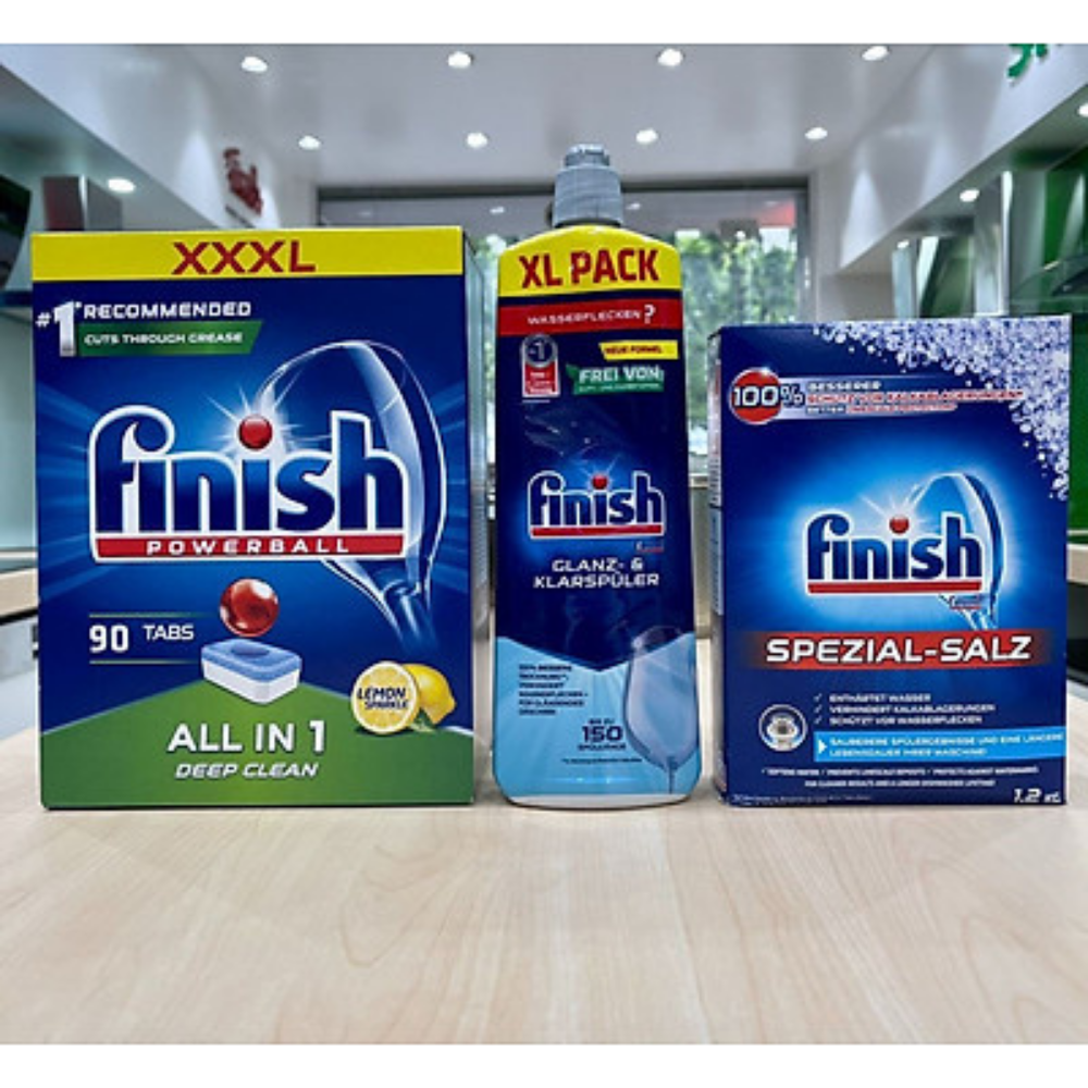 Viên rửa bát finish All in one 90 viên+Dung dịch nước làm bóng finish 750ml+Muối rửa bát chén finish 1.2kg cho Máy rửa bát