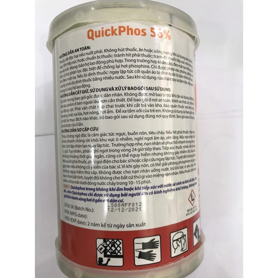 Sản phẩm khử trùng, diệt mọt nông sản Quickphos 56% xuất xứ Ấn Độ. Dạng viên tròn có tuýp, 1 hộp nặng 960g (320 viên).