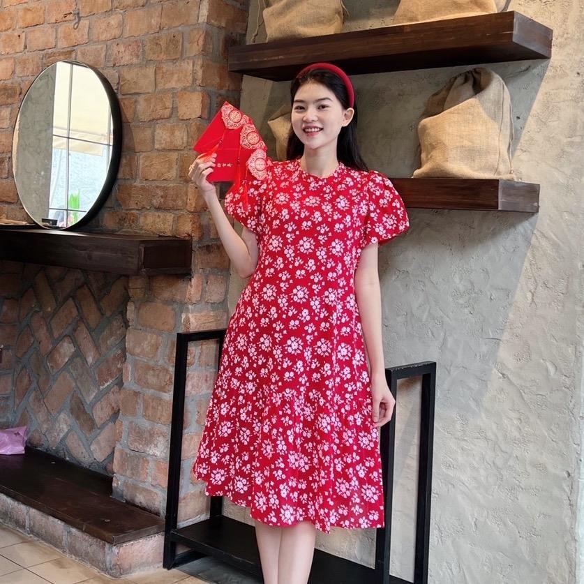 Đầm bầu tơ bông cổ bèo phom suông đuôi cá dễ thương, xinh xắn - Đỏ