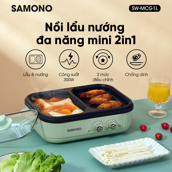 Nồi lẩu nướng điện đa năng mini 2in1 SAMONO SW-MCG1L - Hàng chính hãng