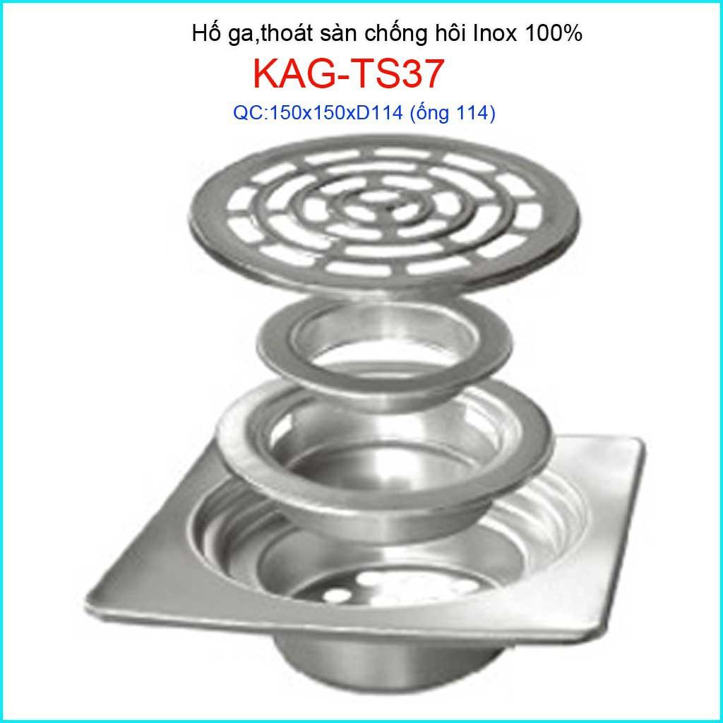 Phễu thoát sàn Inox KAG-TS37 chống hôi 15x15cm, hố ga thoát sàn cho ống 114mm giá tốt chất lượng tốt