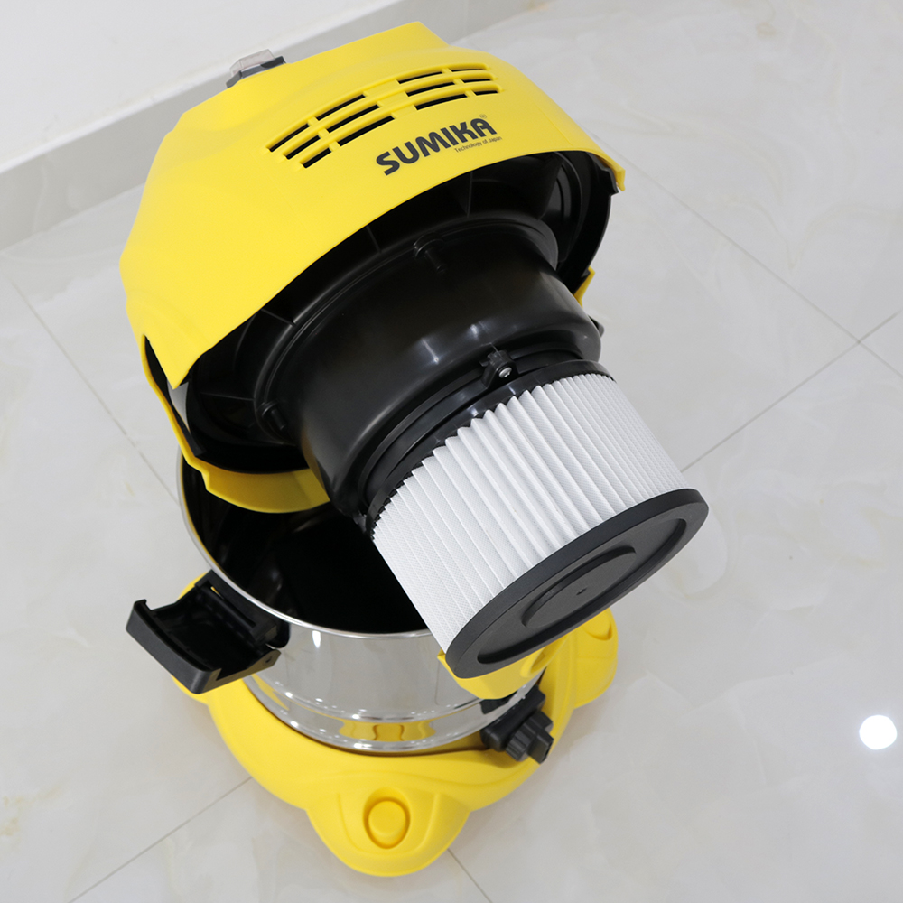 Máy hút bụi công nghiệp dạng nhỏ Sumika K20, Màu Vàng, 20L, 1600W, Có thể hút nước, Motor Ametek của Mỹ, Tầng lọc HEPA, Dây điện dài 10m, Thùng chứa Thép không gỉ - Hàng Chính Hãng