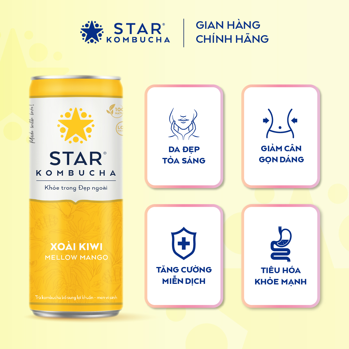 Thùng 12 lon thức uống lên men STAR KOMBUCHA Xoài Kiwi / Mellow Mango