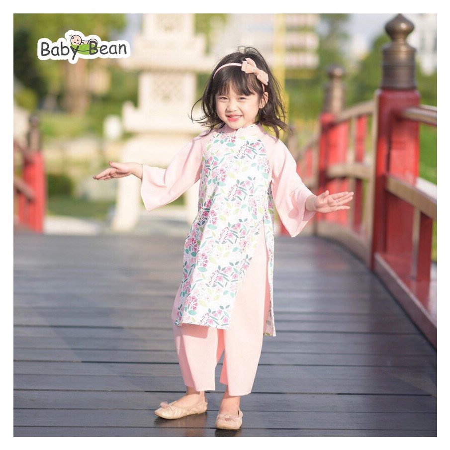 Bộ Áo Dài Truyền Thống vải Chiffon Hoa Bé Gái BabyBean