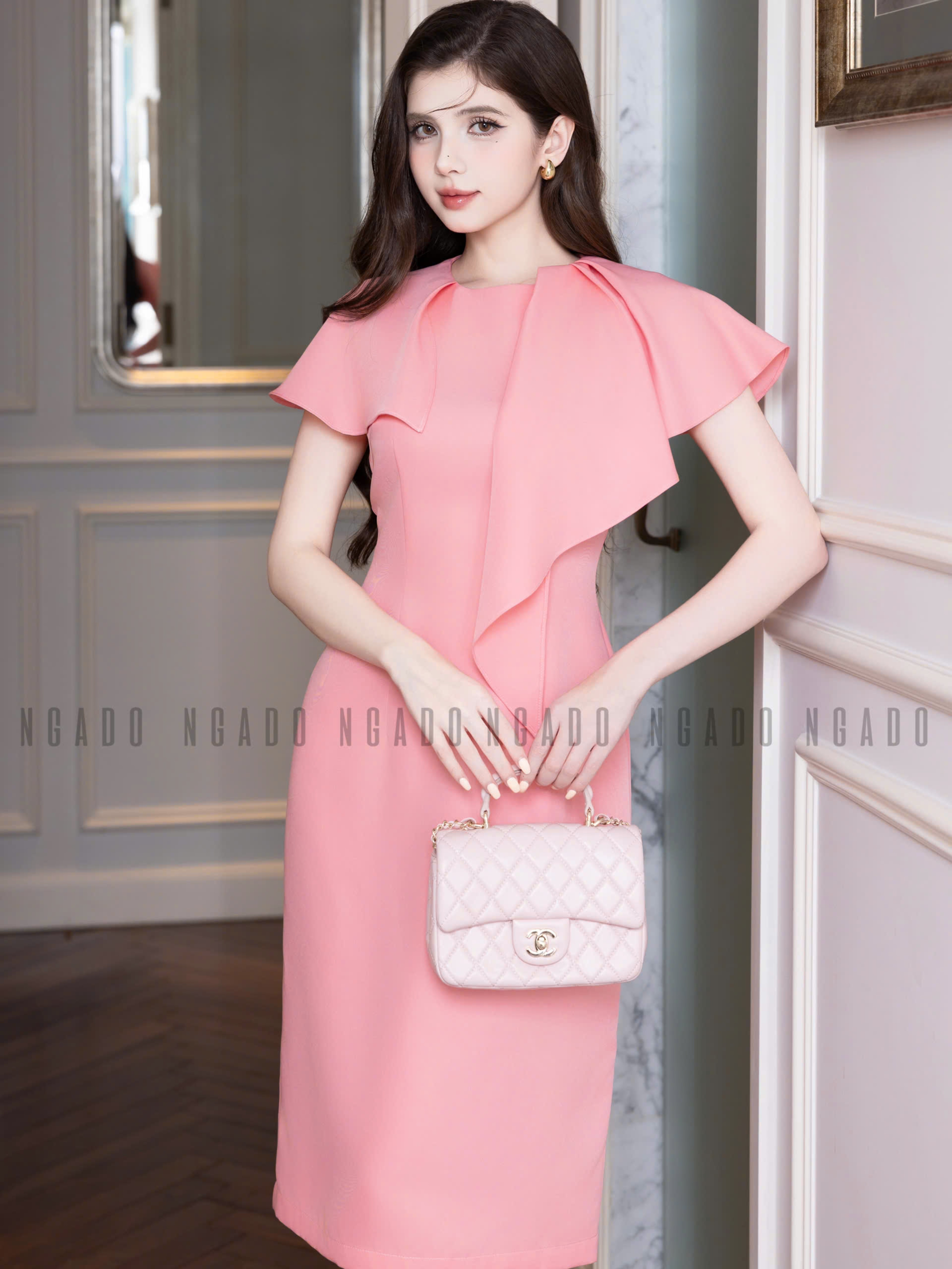 Đầm hồng bút chì phối bèo NGADO , đầm bút chì , đầm kiểu Nữ, đầm dự tiệc , công sở