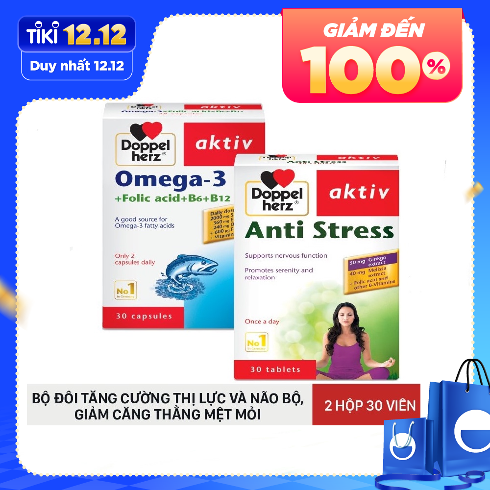 Bộ đôi tăng cường trí lực, giảm căng thẳng mệt mỏi Omega 3 + Folic acid + B6 + B12 và Anti Stress Doppelherz (02 hộp 30 viên)