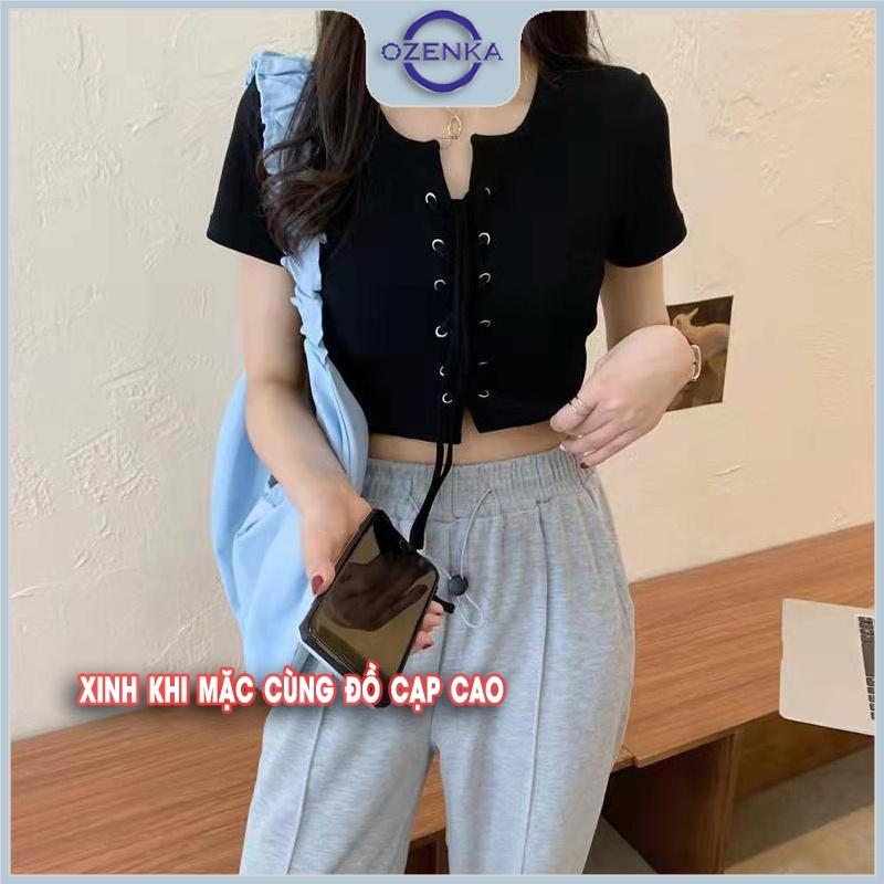 Áo croptop nữ kiểu buộc dây tay ngắn, áo thun cổ bẻ crt đẹp cài khuy buộc nơ 2022 màu đen trắng size 40 -55 cân