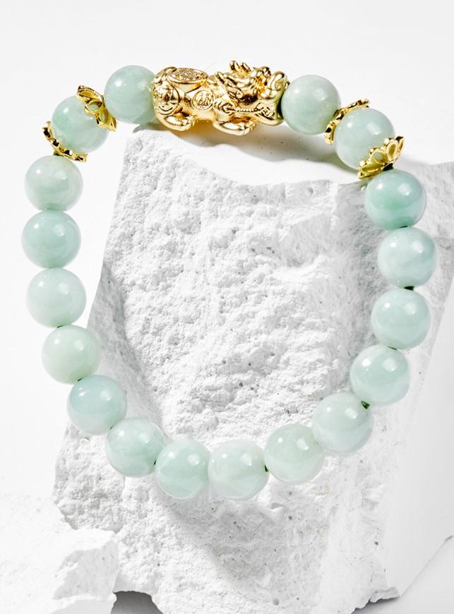 Vòng Tay Phong Thủy Nữ Đá Cẩm Thạch Phỉ Thúy Phối Charm Tỳ Hưu Mạ Vàng 24K Mệnh Mộc, Hỏa Ngọc Quý Gemstones