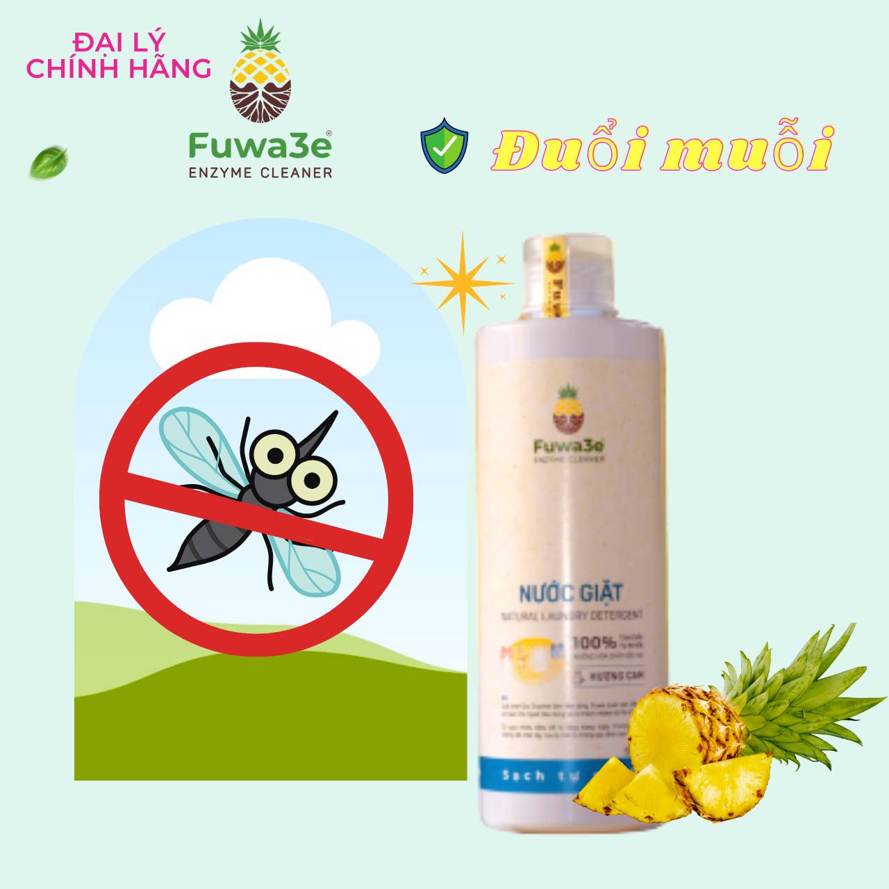 Nước giặt hữu cơ Fuwa3e organic sinh học 500ml giặt quần áo đồ lót, an toàn cho em bé