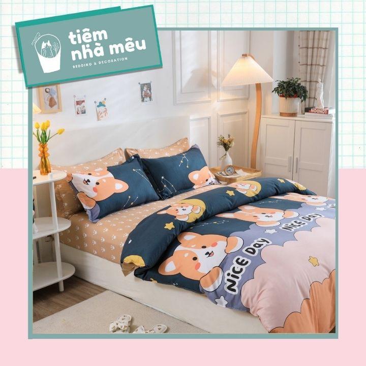 Bộ Chăn Ga Gối Cotton 80% m6/m8/2m - Full size Tiệm Nhà Mêu 2 Vỏ gối ,drap , vỏ chăn Cotton Chó Chiba Nhập Khẩu Sale
