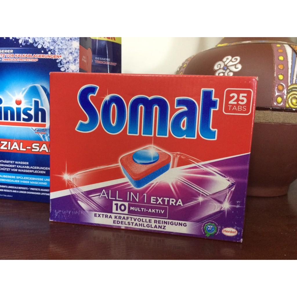 Combo Viên rửa bát Somat all in one hộp 25 viên + Muối Finish 1.2kg dùng cho máy rửa bát