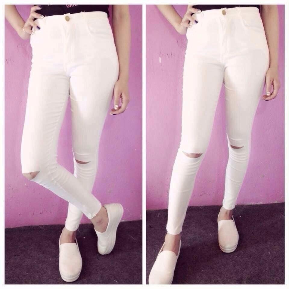 Quần Jeans Kaki Nữ Rách Gối Màu Trắng Thời Trang