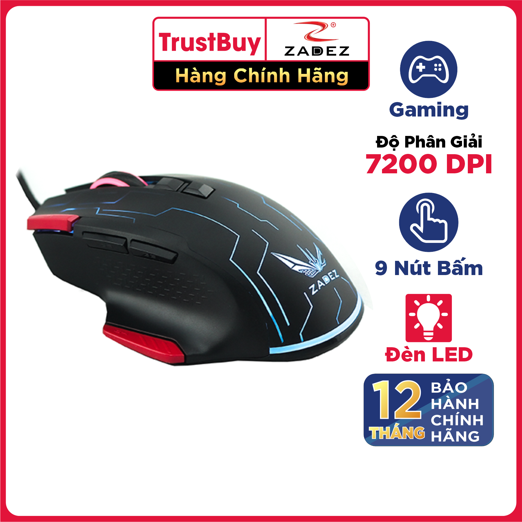 Chuột Gaming ZADEZ GT616M 1000DPI, 6 Mức DPI, 7 Phím Chức Năng, Đèn LED RGB - Hàng Chính Hãng