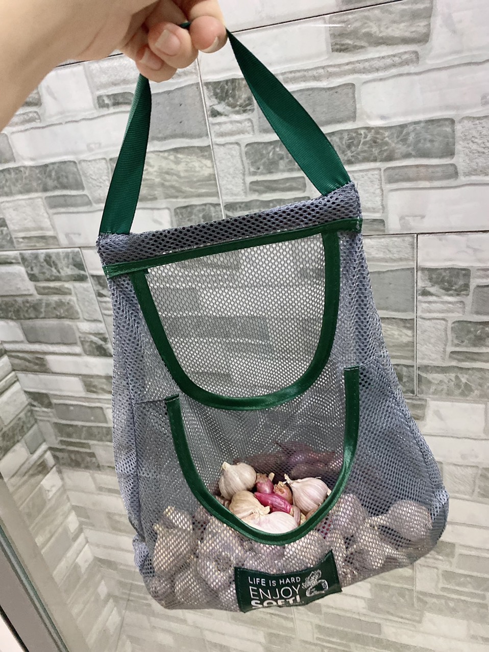 Túi Treo hành tỏi - Lưu Trữ Hành Tỏi Tránh Mốc Lưới Đan ENJOY SOFT, Màu Xanh Xám, Hình Tháp 2 ngăn