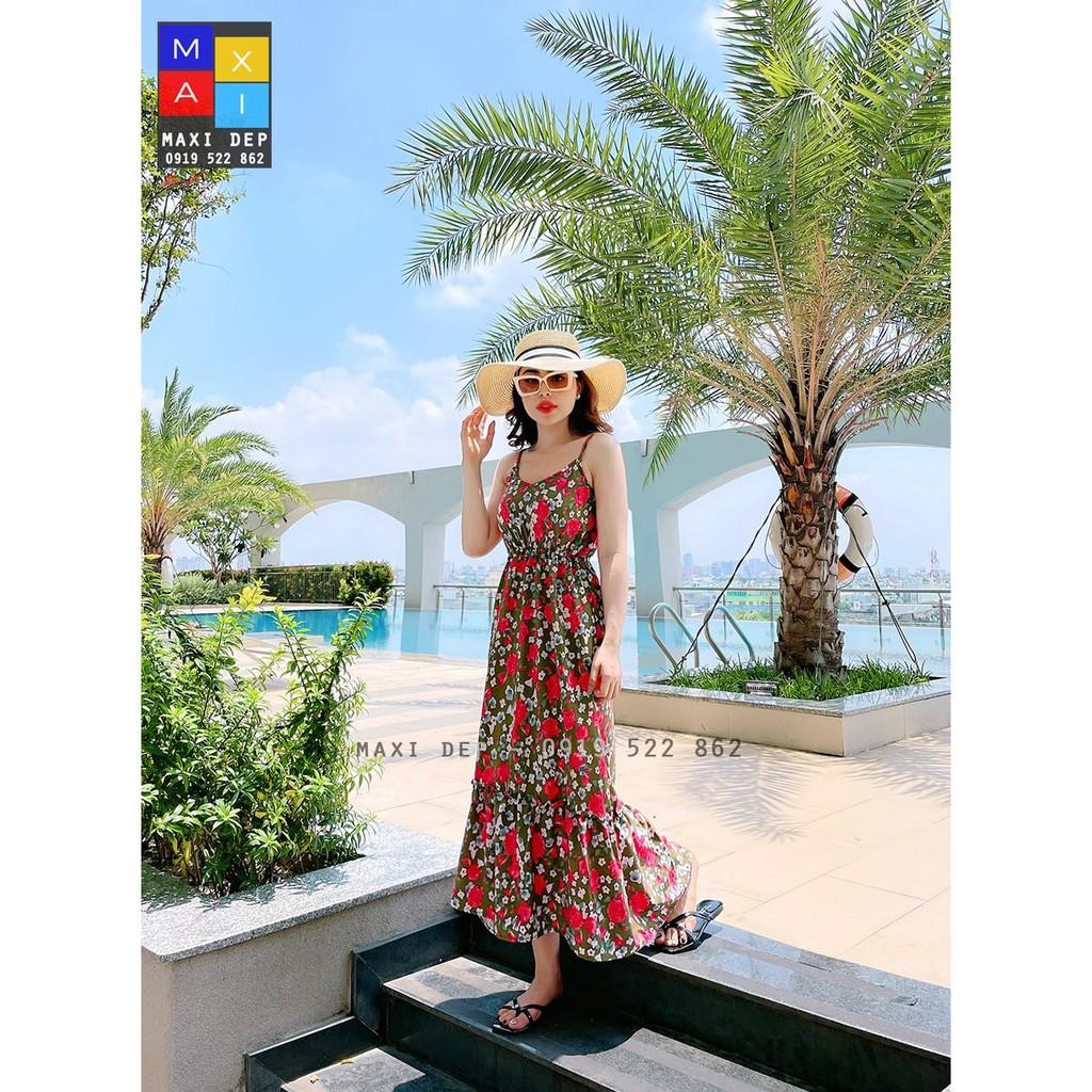 Đầm maxi đi biển đi dạo bông màu xanh