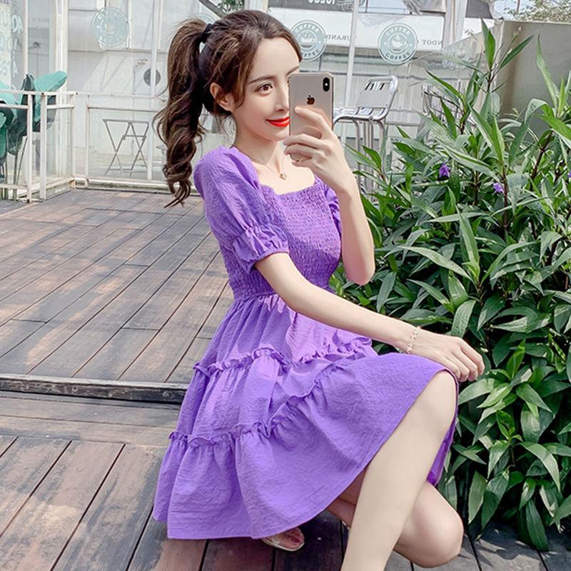 DIYIWEI Phụ nữ mùa hè 2023 Square Neck Pleated Bubble Sleeve Thu hẹp eo Khoai tây tím Vintage Pháp Orange Terrier Dress