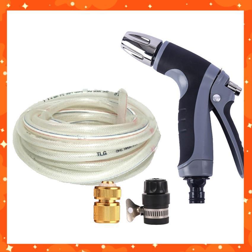 Bộ dây và vòi xịt tăng áp rửa xe tưới cây 20M (cút đồng nối nhựa đen) 206817