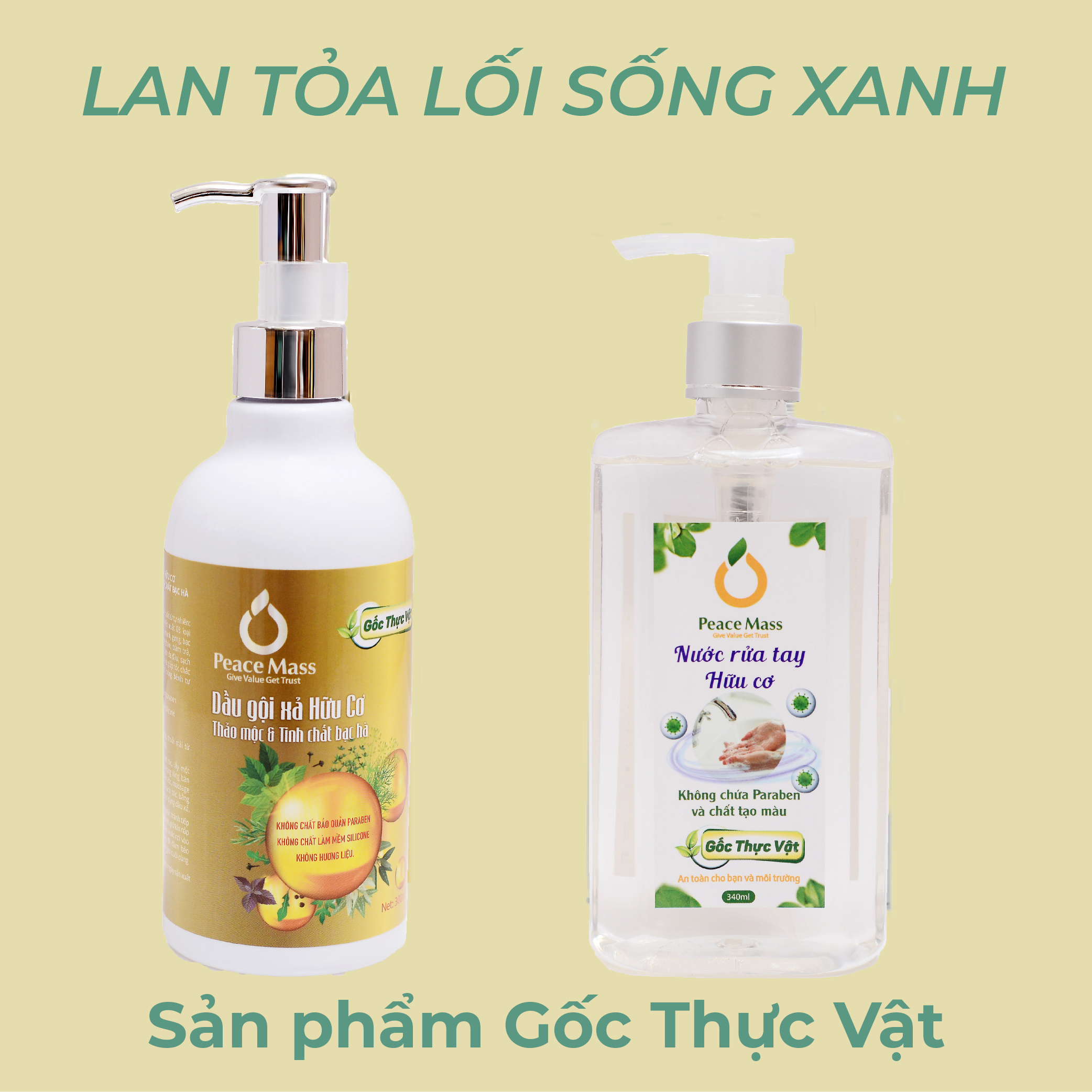 Combo Sản Phẩm Gốc Thực Vật DGXC1 Peace Mass - Dầu Gội Xả 300ml + Nước Rửa Tay 340ml (Thuộc nhóm Sản phẩm Lành tính / Hữu cơ)