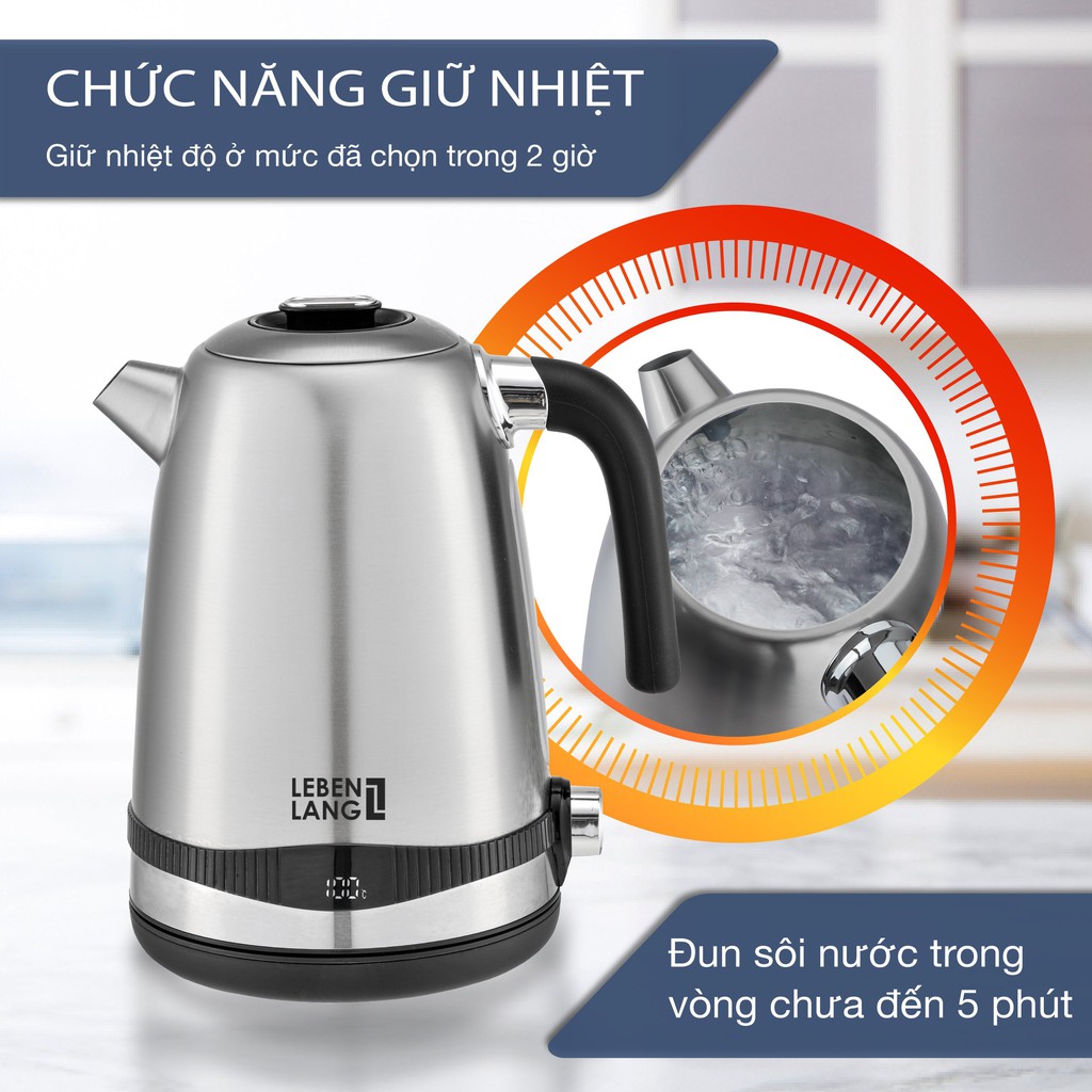 Ấm siêu tốc LEBENLANG 1.8 lít bằng inox 304 có LED hiện nhiệt độ, LBE2662 - hàng chính hãng