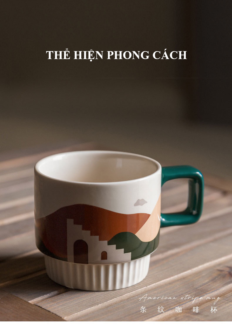 Ly gốm sứ cà phê có quai cầm 320ml họa tiết phong cảnh
