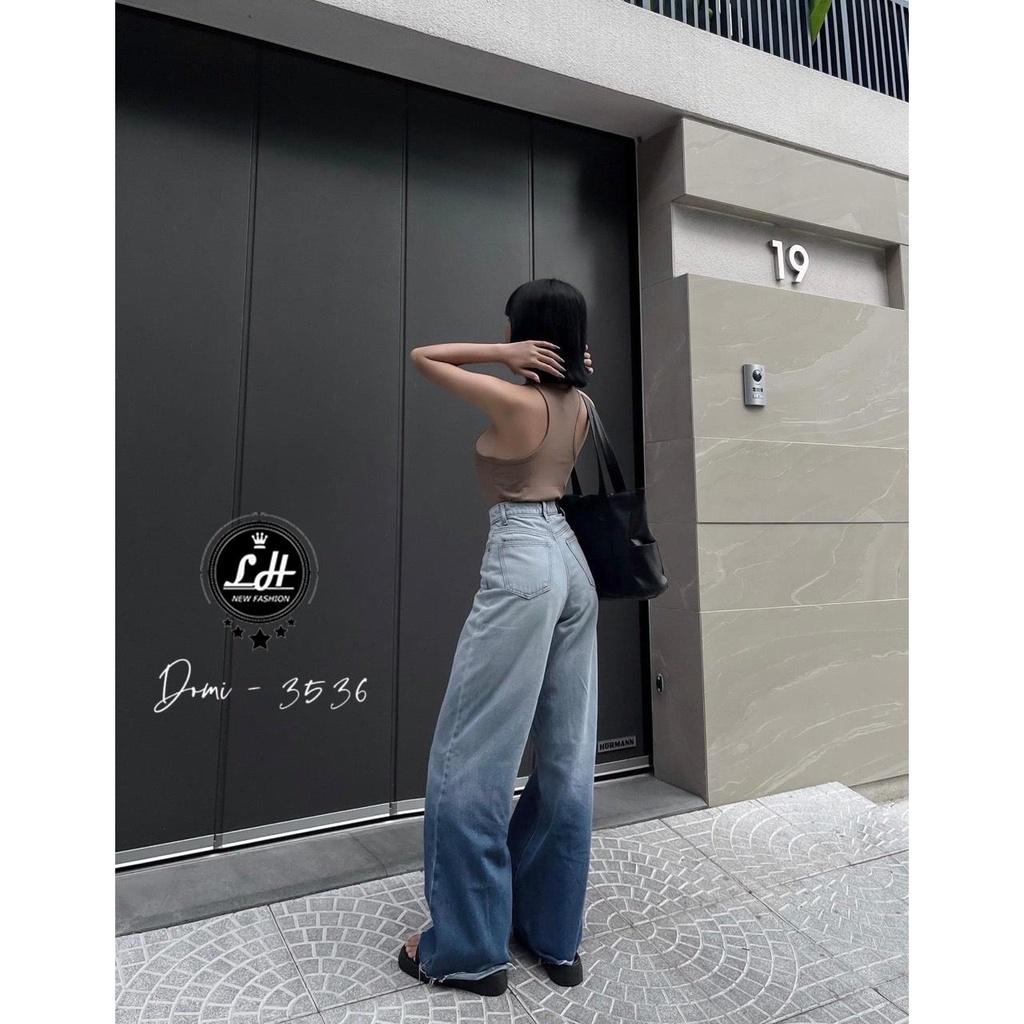 Quần jean nữ ống rộng, quần bò màu xanh loang rách lai tua rua siêu cá tính Lê Huy Fashion MS 3536