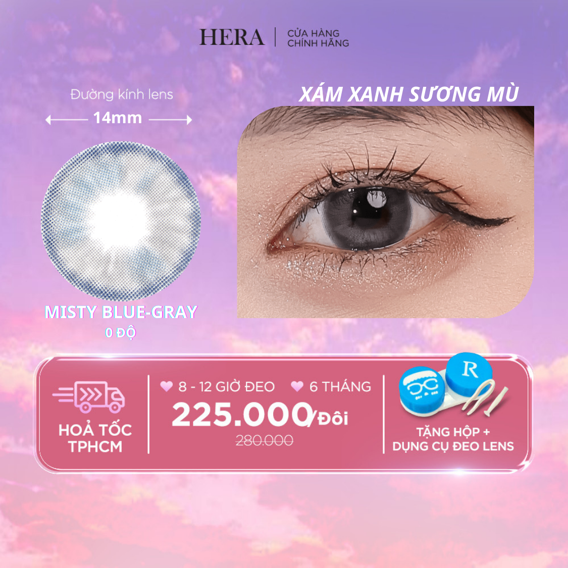 Kính Áp Tròng Hera Xám Xanh Sương Mù Không Độ MISTY BLUE-GRAY Nhập Khẩu Hàn Quốc Lens Không Cận 6 Tháng