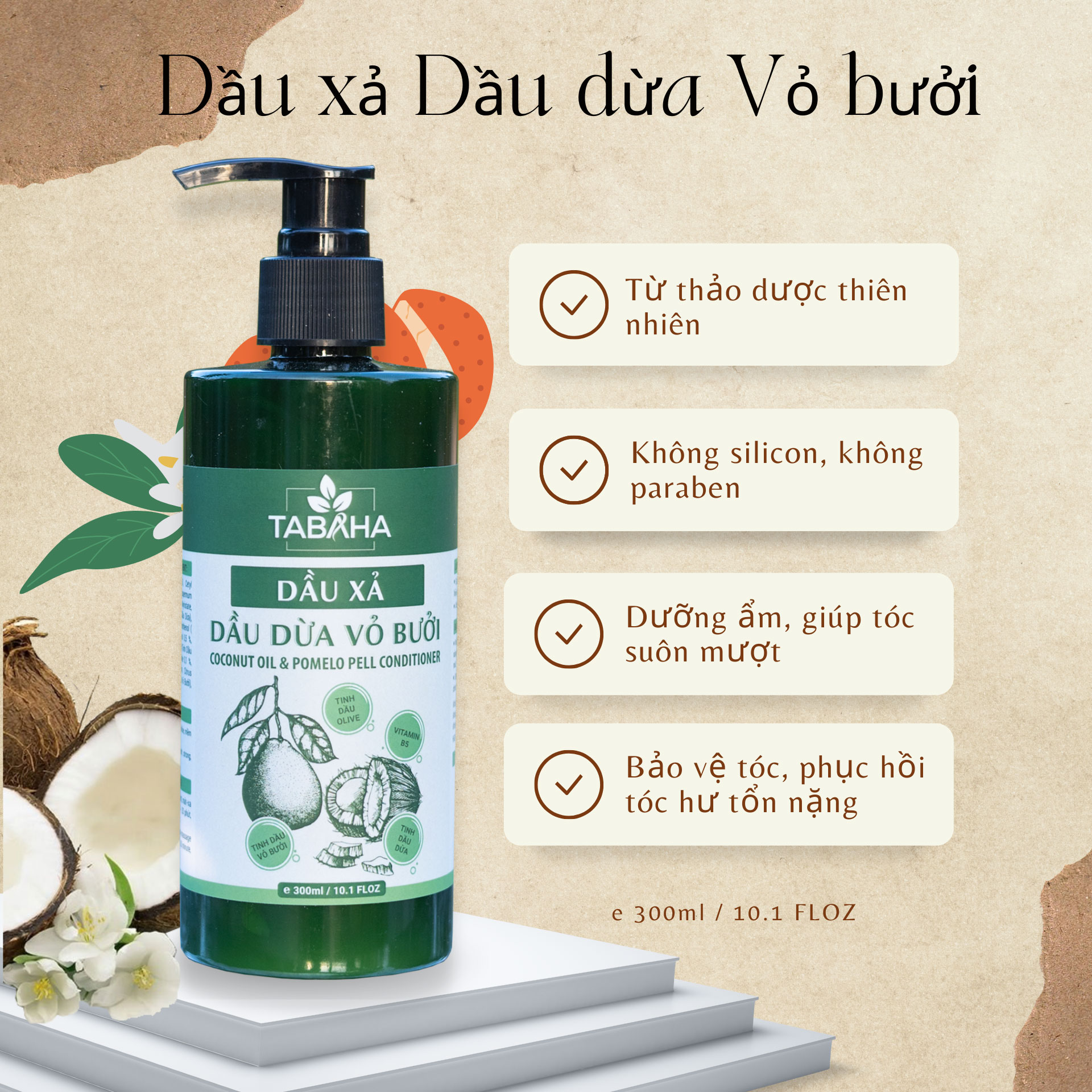 Combo Dầu Gội Bồ Kết Và Dầu Xả Dầu Dừa Vỏ Bưởi Tabaha 300ml Giúp Giảm Rụng Phục Hồi Tóc