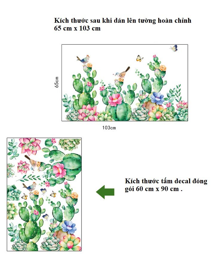 Decal dán tường cây xương rồng bầy chim vui nhộn