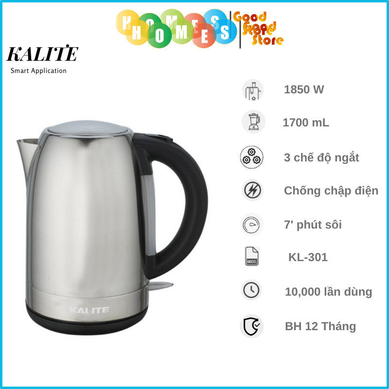 Ấm Đun Siêu Tốc Inox Cao Cấp KALITE KL- 301 Dung Tích 1.7 Lít Công Suất 1850W - Hàng Chính Hãng