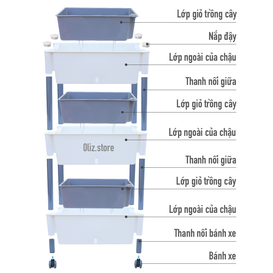 Chậu trồng rau Oliz D202. Chậu trồng rau thông minh tự dưỡng, có bánh xe di chuyển, phù hợp nhiều không gian