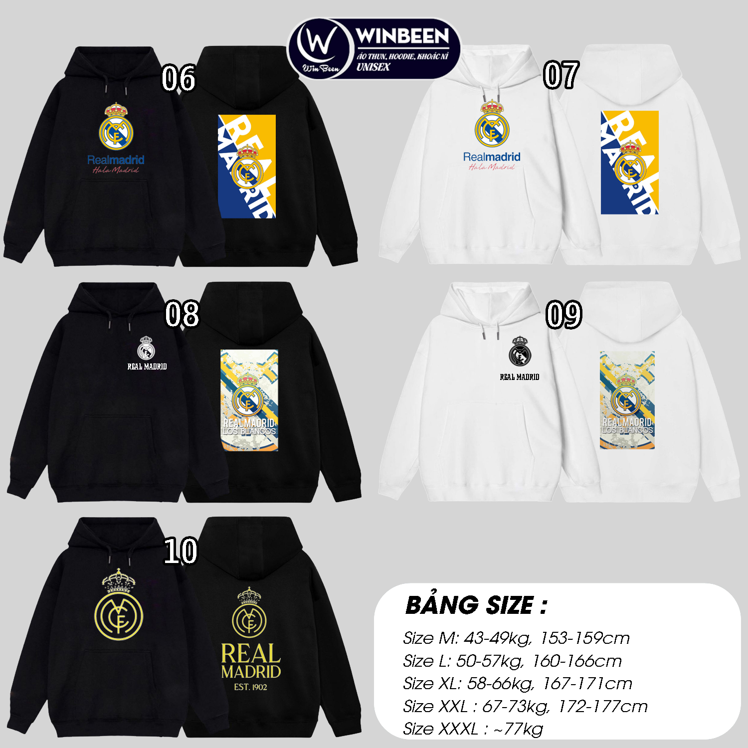 Áo hoodie nỉ in hình CLB Real Madrid, BST 15 mẫu khoác Real mới, hoodie nam nữ chất nỉ bông dày ấm mềm mịn dáng rộng