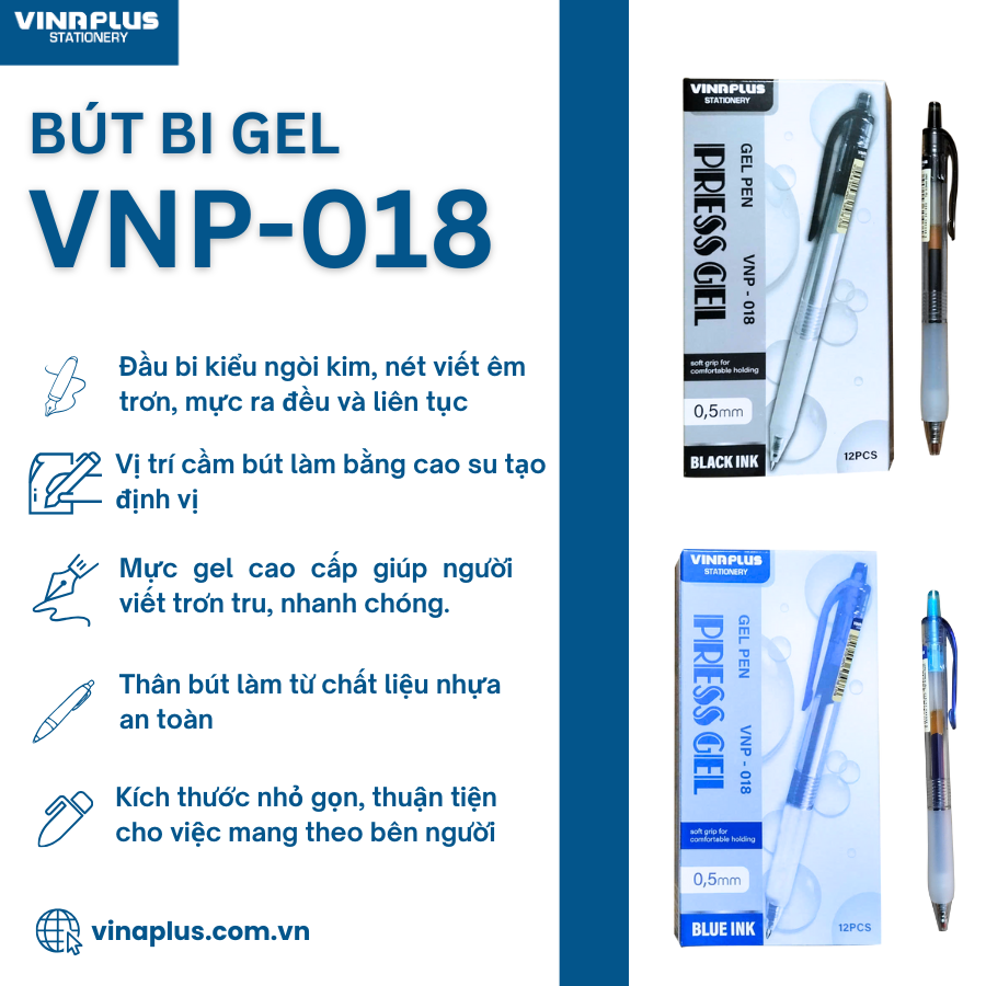HỘP 12 Cây Bút Viết Gel Nước Dạng Bấm Vinaplus 018 Ngòi 0.5mm (Mực Xanh, Đen)