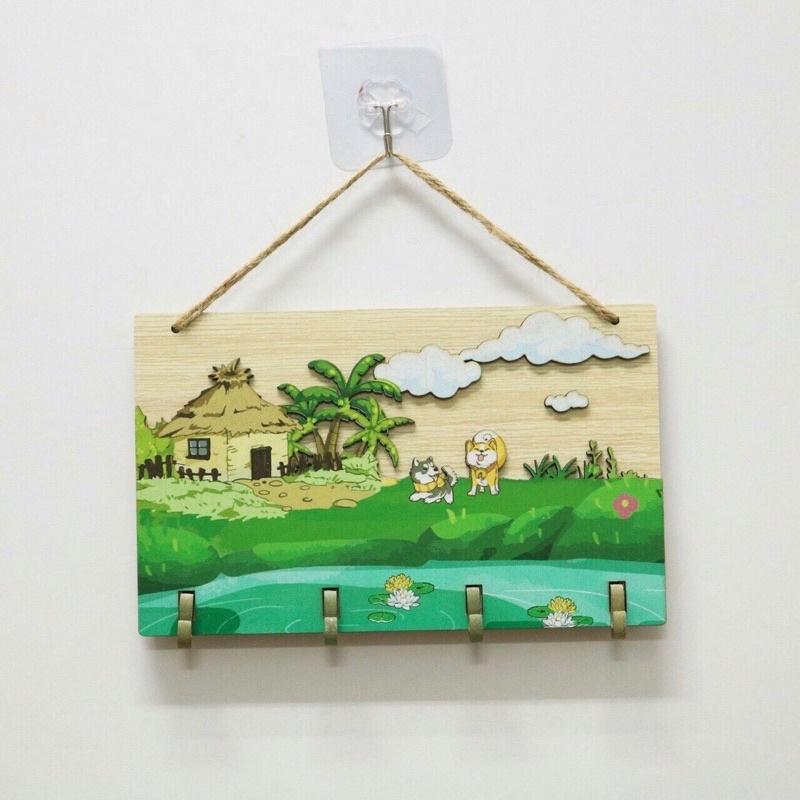 Tranh gỗ bảng gỗ trang trí hình ảnh làng quê có ao sen và 2 chú chó đáng yêu