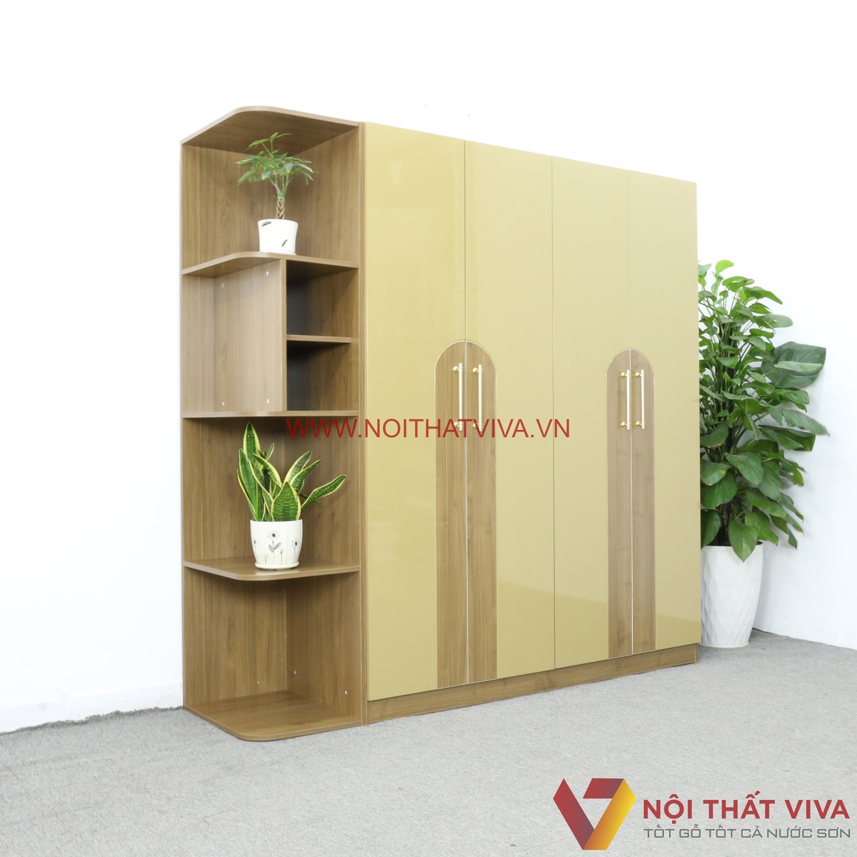 Tủ Quần Áo Có Kệ Trang Trí 4 Cánh Sơn 2K Màu Vàng Nâu Đẹp Hiện Đại