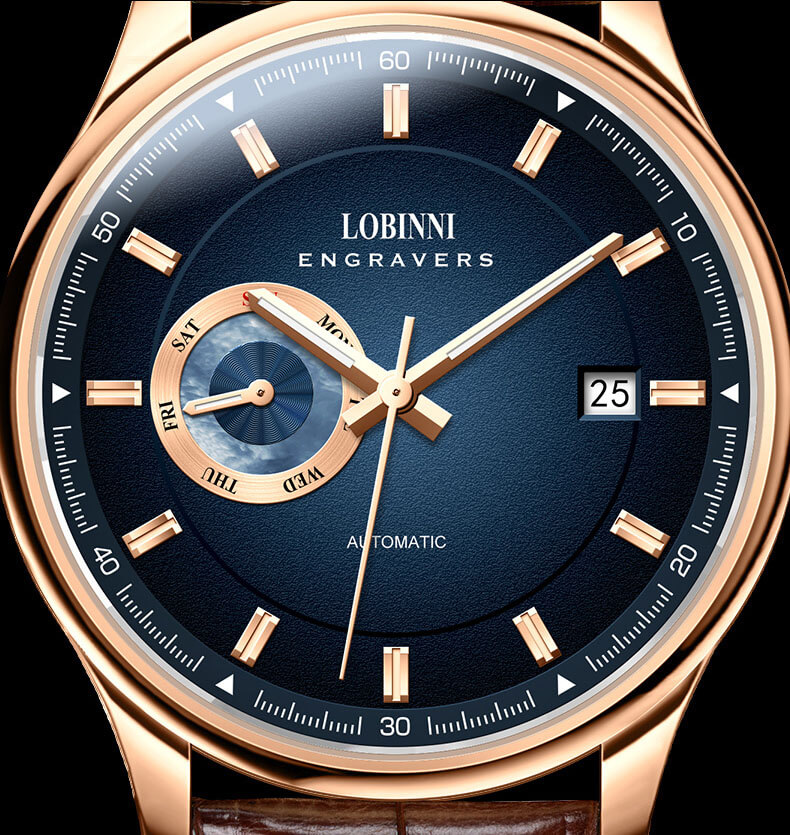Đồng hồ nam chính hãng LOBINNI L17017-1 full box,hàng mới 100% ,kính sapphire chống nước,chống xước,dây da xịn ,kiểu dáng đơn giản ,mặt xanh size 40mm