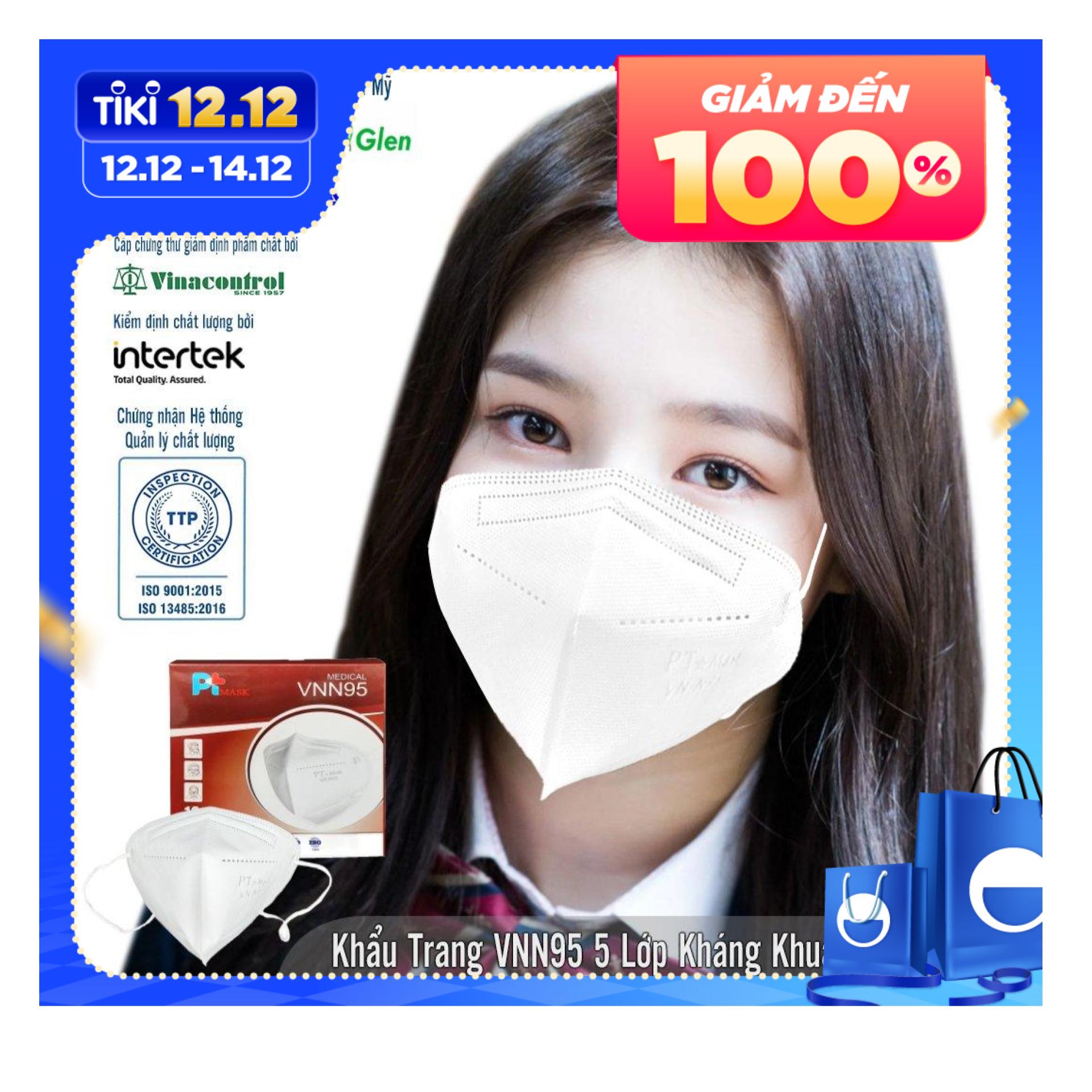 Khẩu Trang VN N95 PT Mask, 5 Lớp, kháng Khuẩn, Chống Bụi Siêu Mịn PM2.5, Màu Trắng - Một Hộp Gồm 10 Cái, Đạt Các Chứng Chỉ ISO 13485, ISO 9001, CE, FDA, TGA.