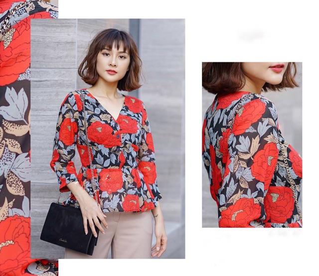Áo sơ mi hoa peplum cổ V phối cúc