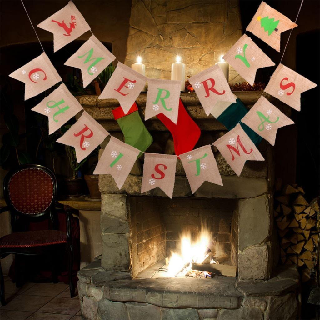 Burlap Merry Christmas Bunting Banners Flag Garland Sign Party Decoration