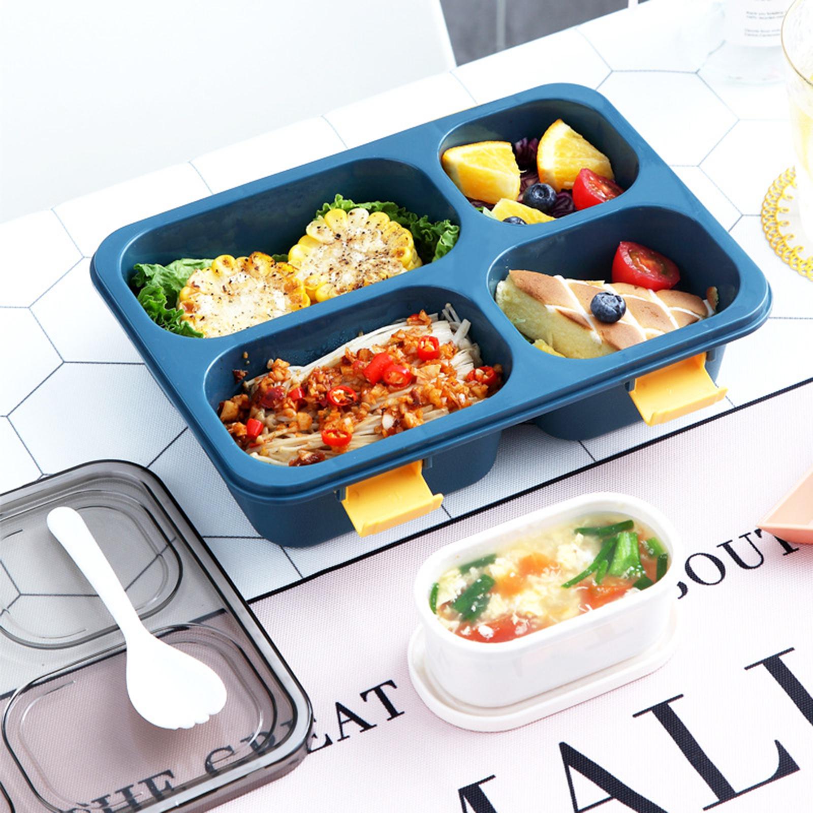 4 Compartment Lunch Containers with Soup Bowl Spoon Food Container Blue