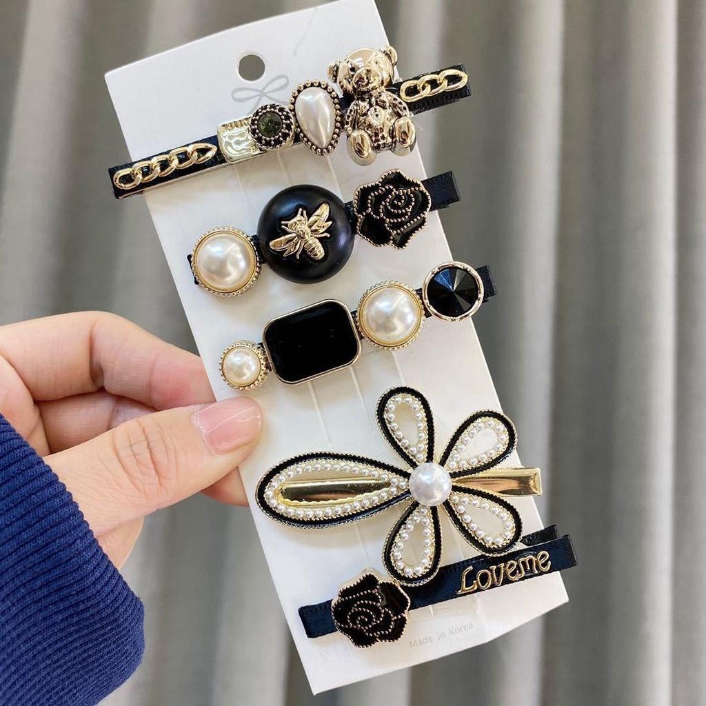 Set 5 Kẹp Tóc Hình Nơ Đính Ngọc Trai Màu Đen Phong Cách Retro Hàn Quốc