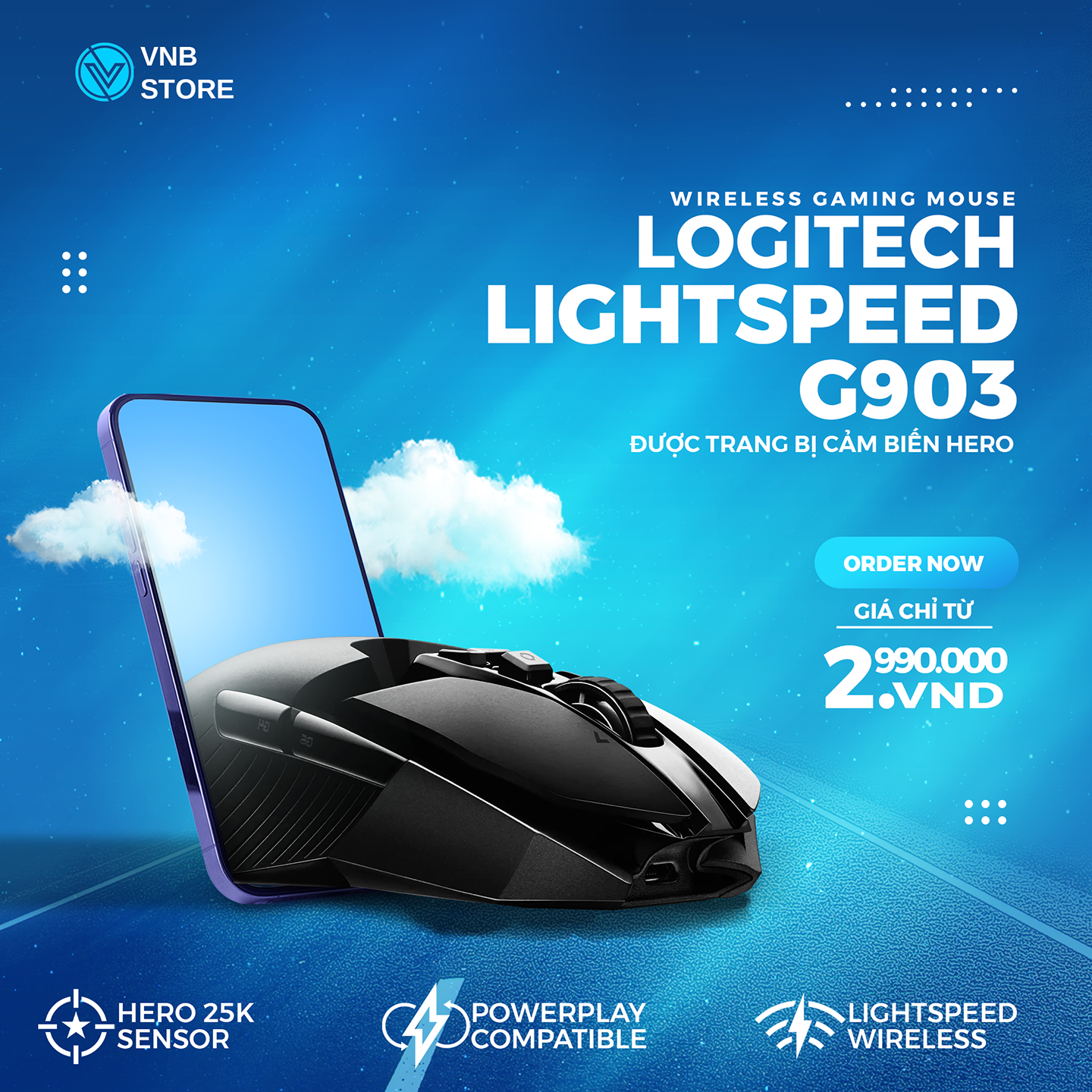 Chuột game không dây Lightspeed RGB Logitech G903 - Cảm biến Hero 25k, pin sạc 140h+, thiết kế thuận cả 2 tay, pin 180h, PC/Mac - Hàng chính hãng