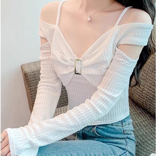 Áo croptop tay dài HAGA áo trễ vai nơ ngực sang trọng ATVN70