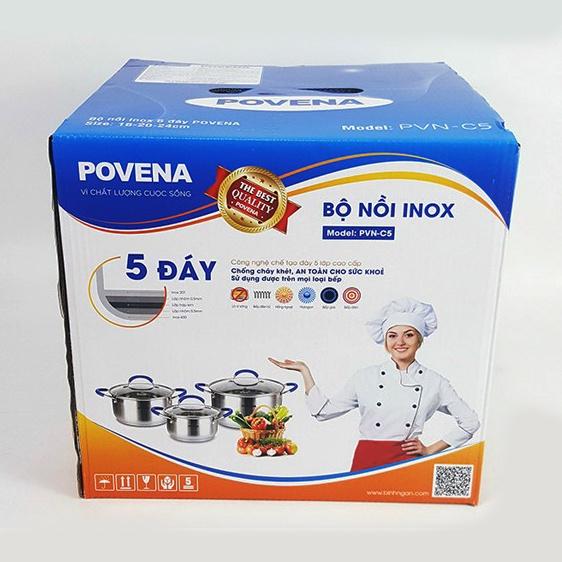 Bộ 3 nồi 5 đáy Inox Povena không bị nổi đáy, dùng được trên bếp ga, bếp hồng ngoại, bếp từ -Hàng Chính Hãng