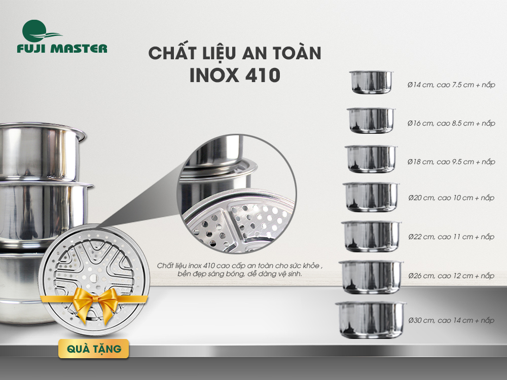 Bộ Nồi Inox Cao Cấp Fuji Master FJM-1322 - Gồm 7 Nồi Có Nắp (1 đáy dày 1mm)+ Tặng Kèm 1 vỉ hấp đường kính 29cm - Sử Dụng Cho Mọi Loại Bếp