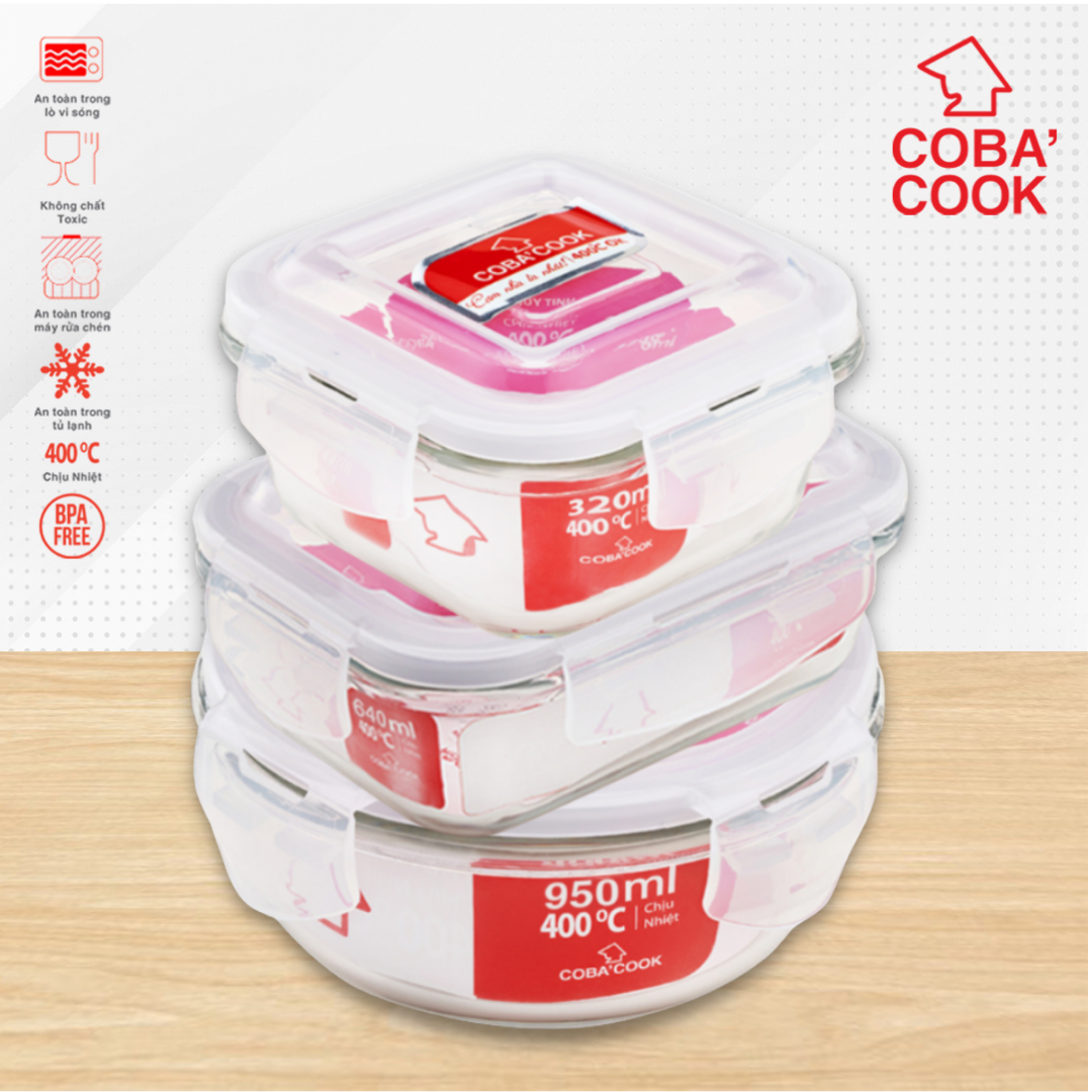 Bộ 3 hộp thủy tinh trữ thực phẩm chịu nhiệt tròn 950ml chữ nhật 640ml vuông 320ml COBA'COOK-CCS3R9L63