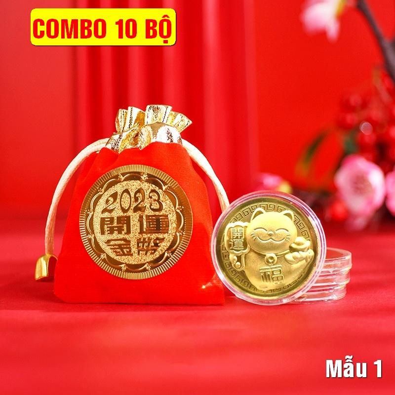 COMBO 10 ĐỒNG XU Mèo VÀNG KÈM TÚI GẤM ĐỎ 2023 MAY MẮN - MẪU 1, Tiền lì xì tết 2023 , NELI