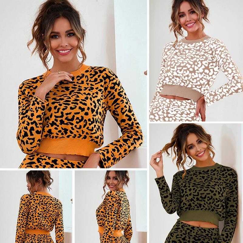 Women Knitted Sweater Crop Top Leopard O Neck Long Sleeves Loose Pullovers Autumn Winter Casual Knitting Top