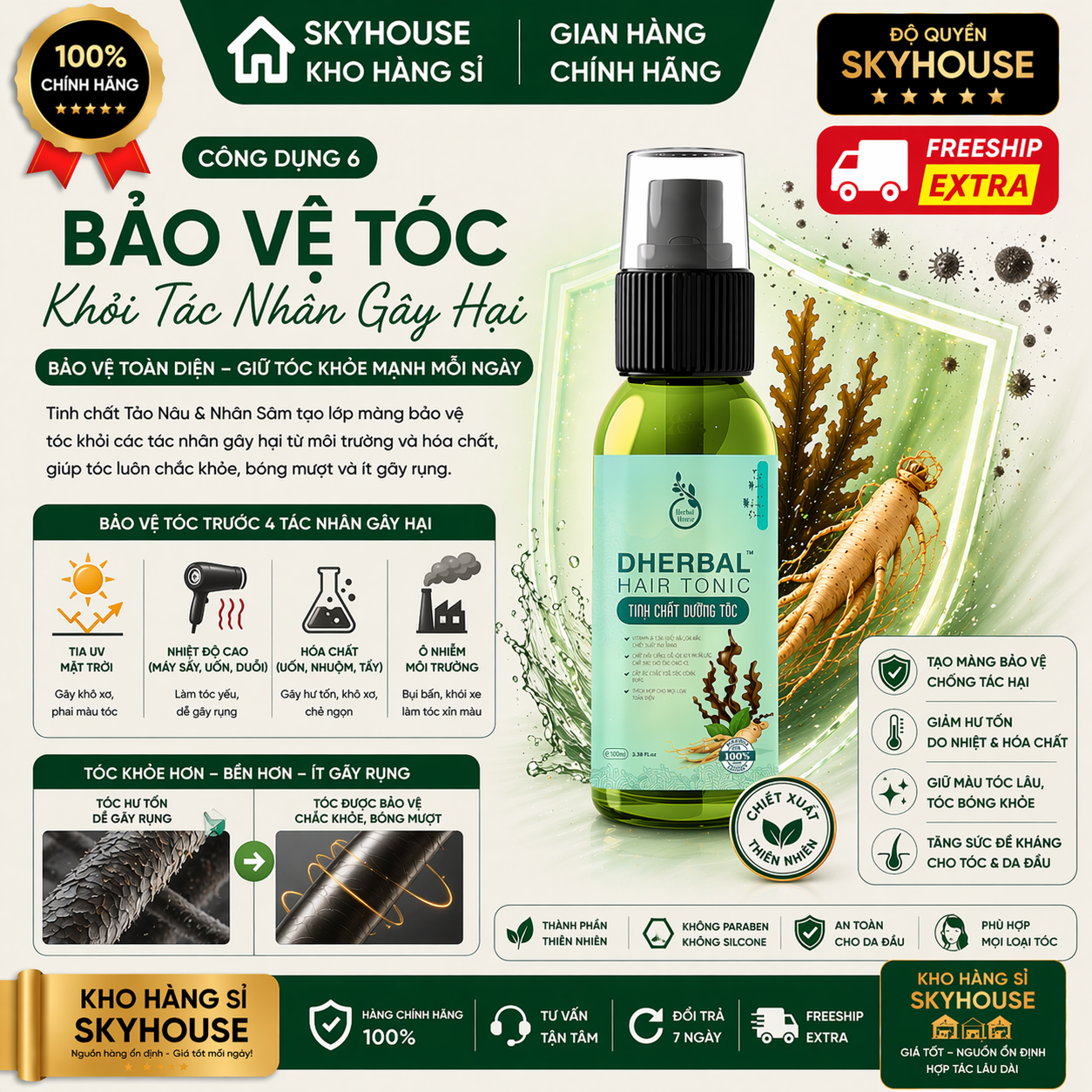 Tinh chất dưỡng tóc thảo dược thiên nhiên chiết xuất tảo nâu nhân sâm độc quyền DHERBAL chai 100ml tinh chất mọc tóc chính hãng