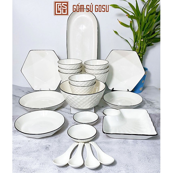 Bán Lẻ Bát Đĩa Thương Hiệu Gosu MenTrắng Cao Cấp Sáng Đẹp Họa Tiết Kim Cương Viền Đen